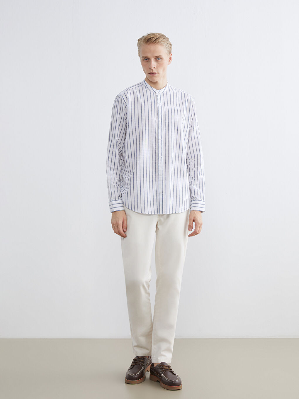 Regular Fit Striped Men's Shirt with a Mandarin Collar-1