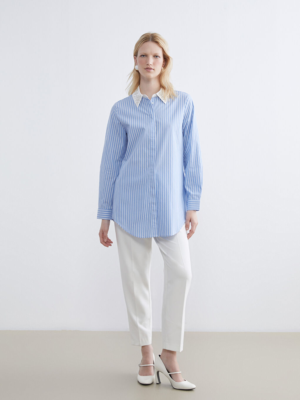 Striped Women's Tunic Shirt with Beaded Embroidery-1