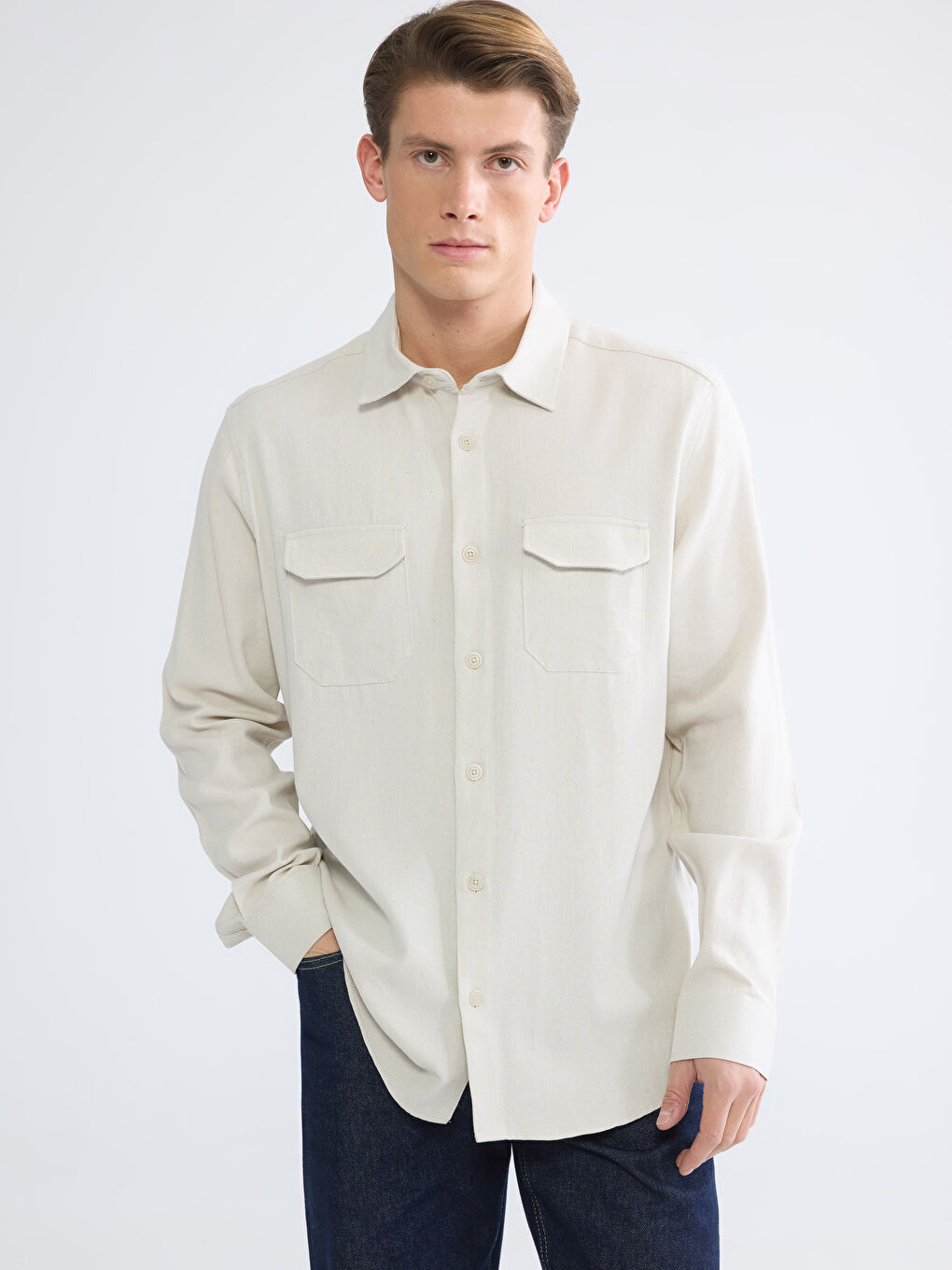 Bej Regular Fit Keten Karışım Erkek Gömlek