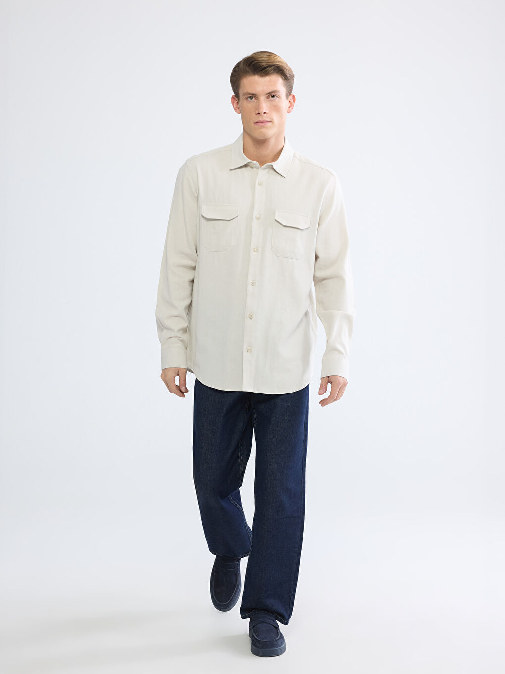Bej Regular Fit Keten Karışım Erkek Gömlek-1