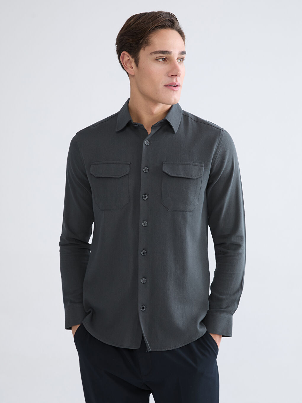 Antrasit Regular Fit Keten Karışım Erkek Gömlek
