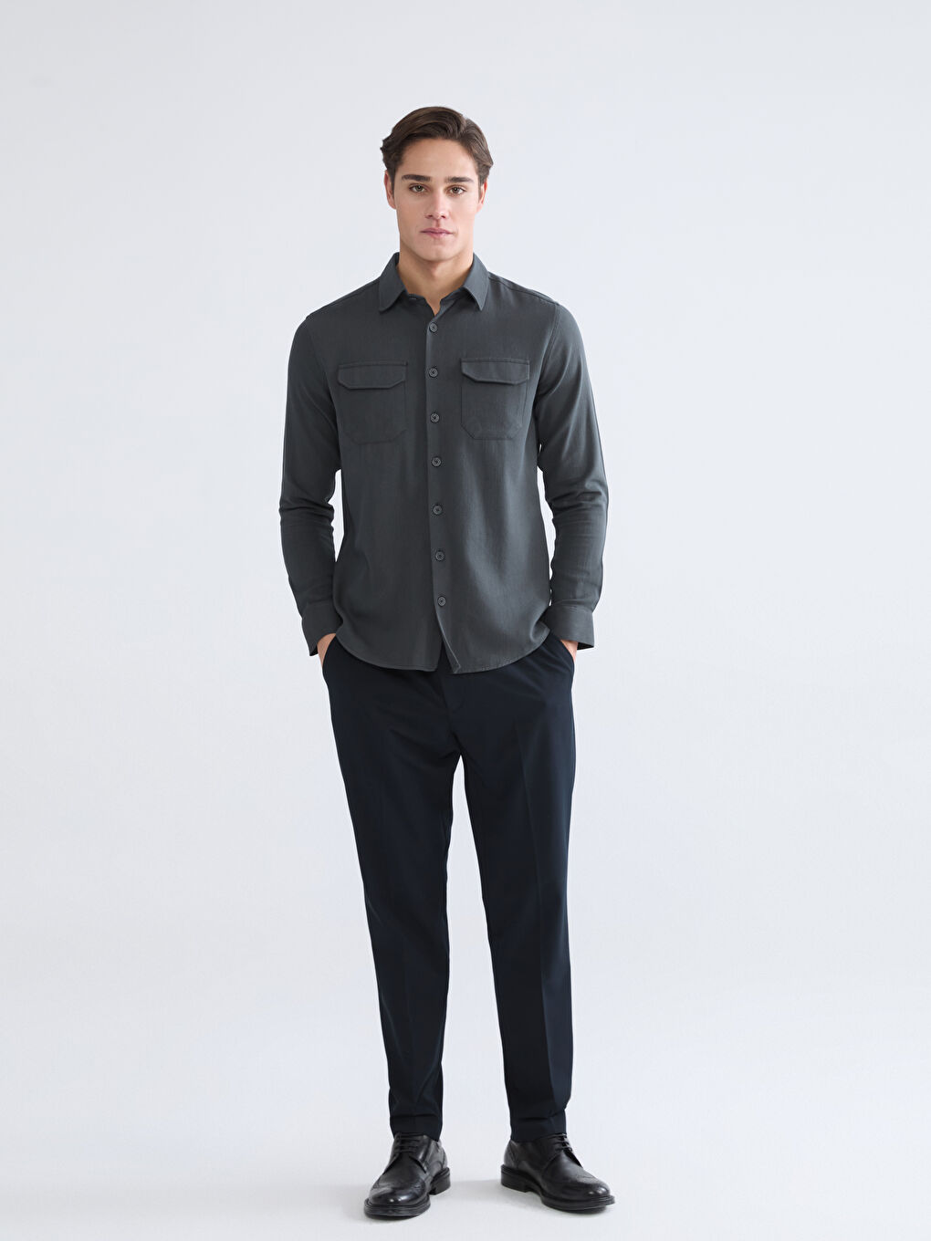Antrasit Regular Fit Keten Karışım Erkek Gömlek-1