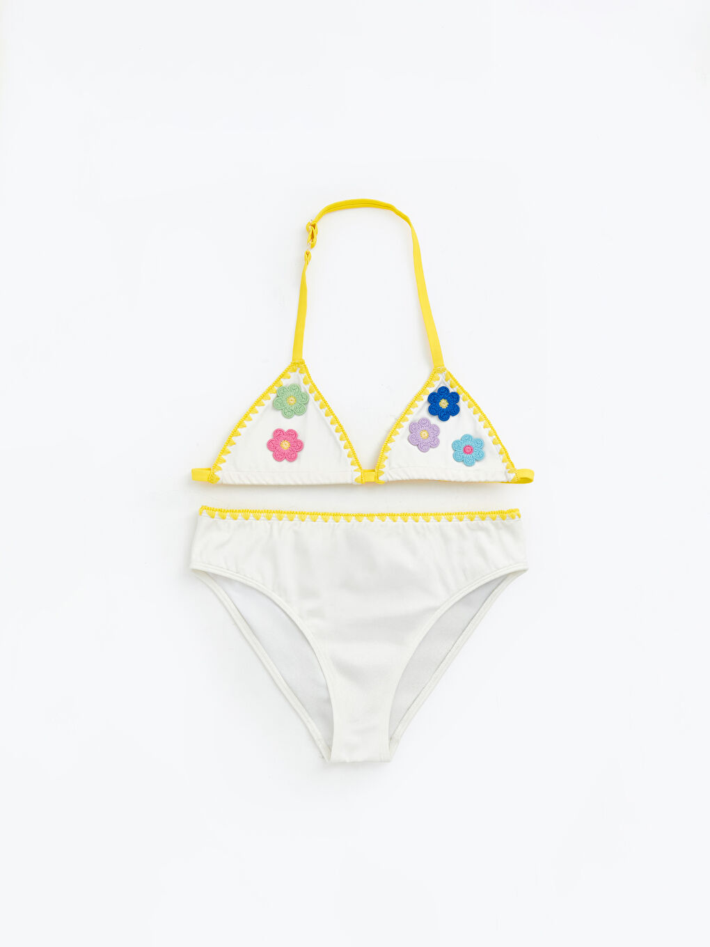 Beyaz Çiçek Nakışlı Kız Çocuk Bikini Takımı