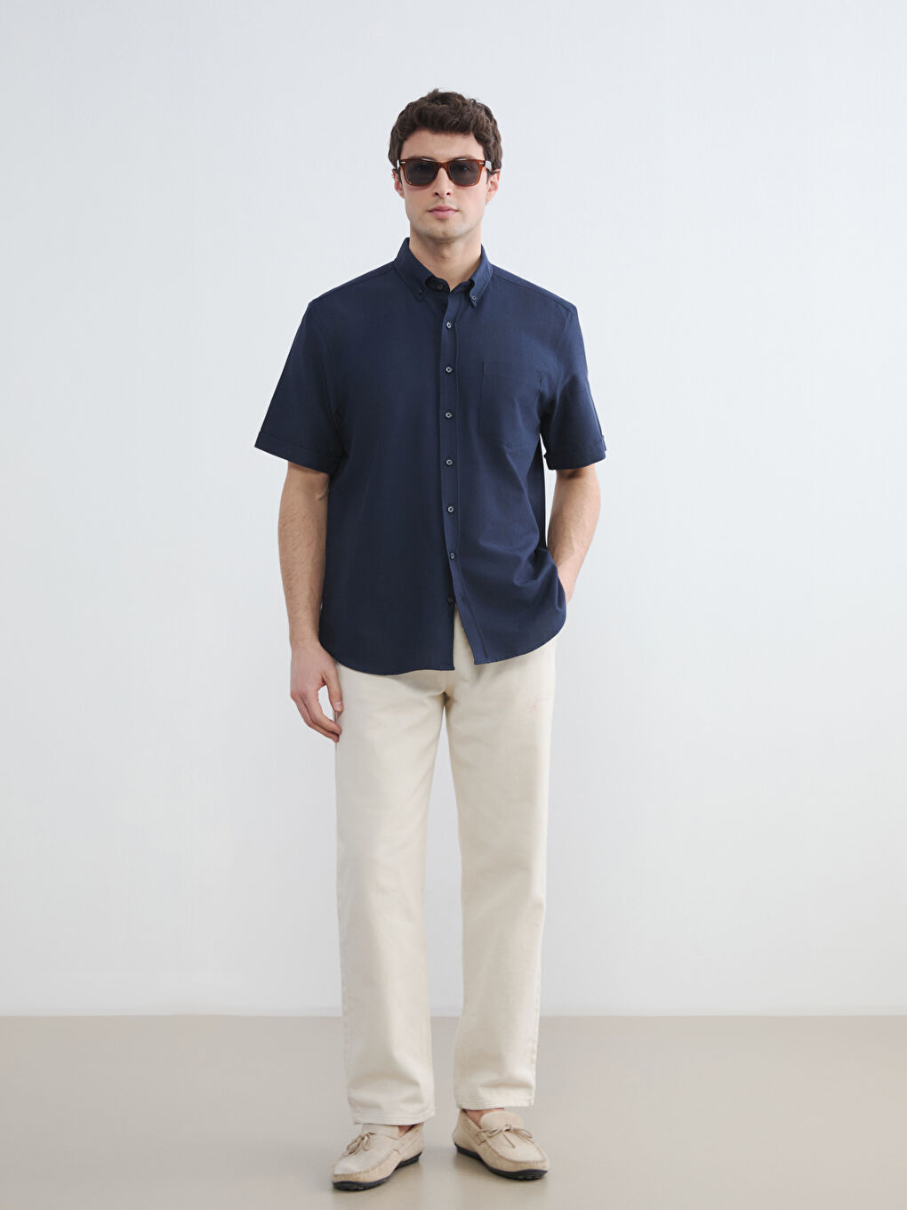 Lacivert Regular Fit Armürlü Erkek Gömlek-1