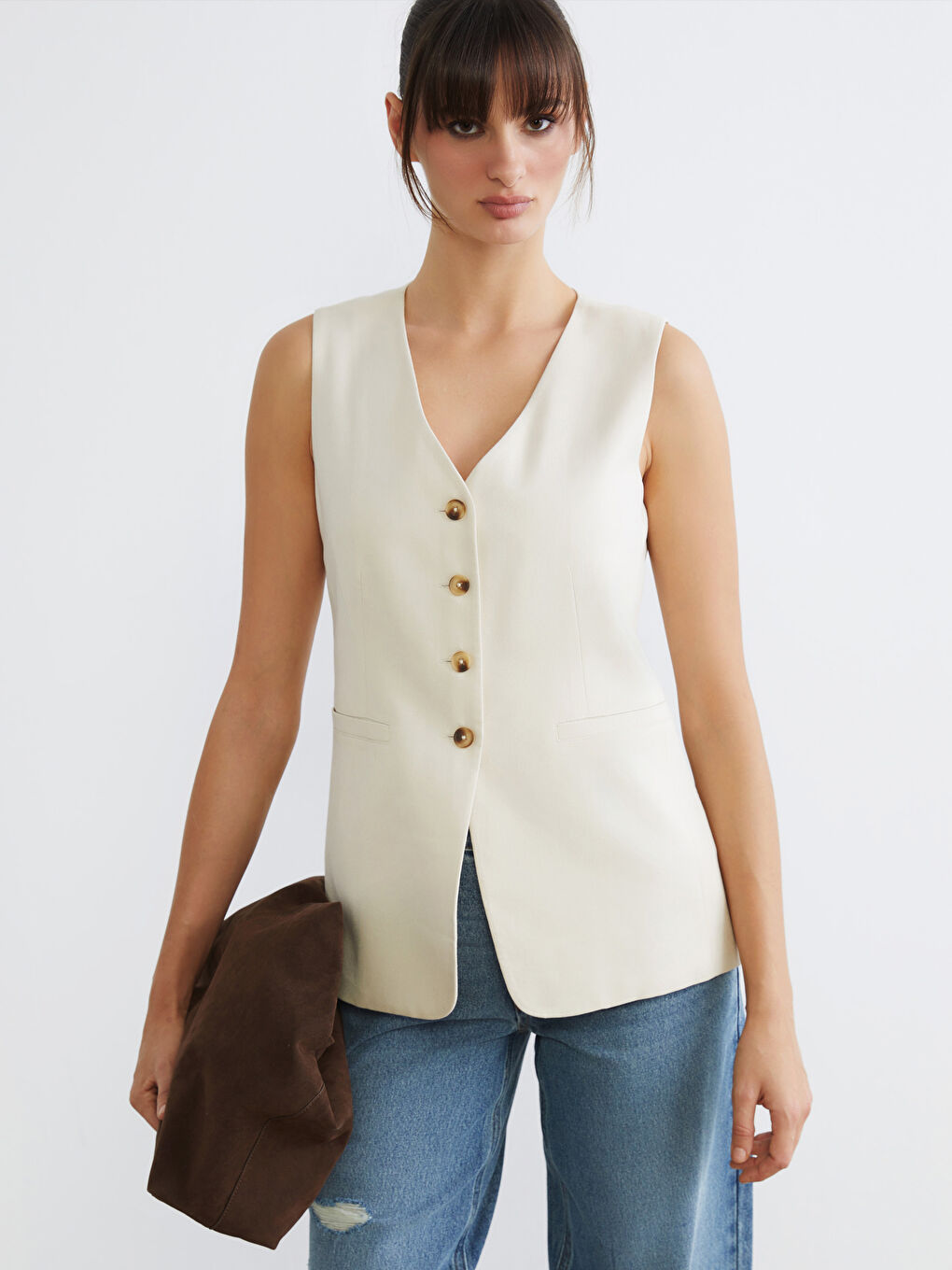 Gilet Classique Femme en Mélange de Lin à Encolure en V