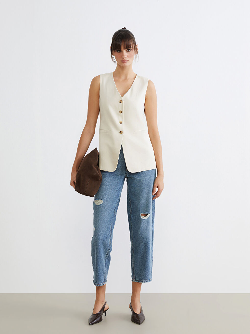 Gilet Classique Femme en Mélange de Lin à Encolure en V-1