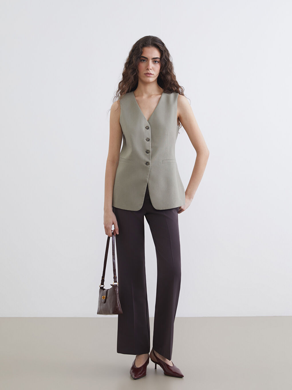 V Neck Linen Blend Women's Classic Waistcoat-1