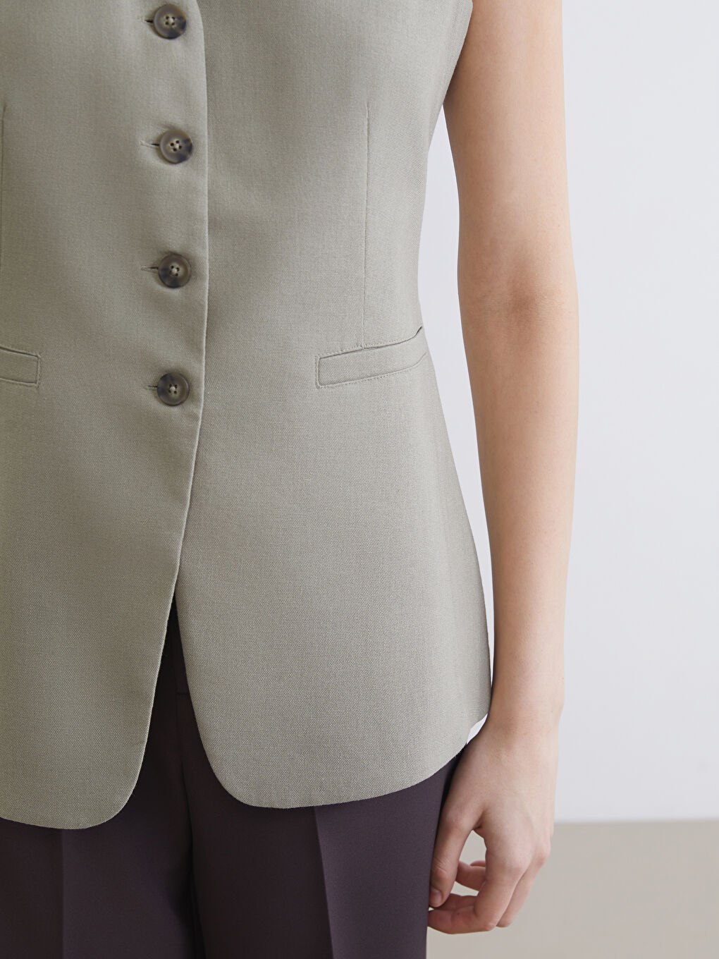 V Neck Linen Blend Women's Classic Waistcoat-2