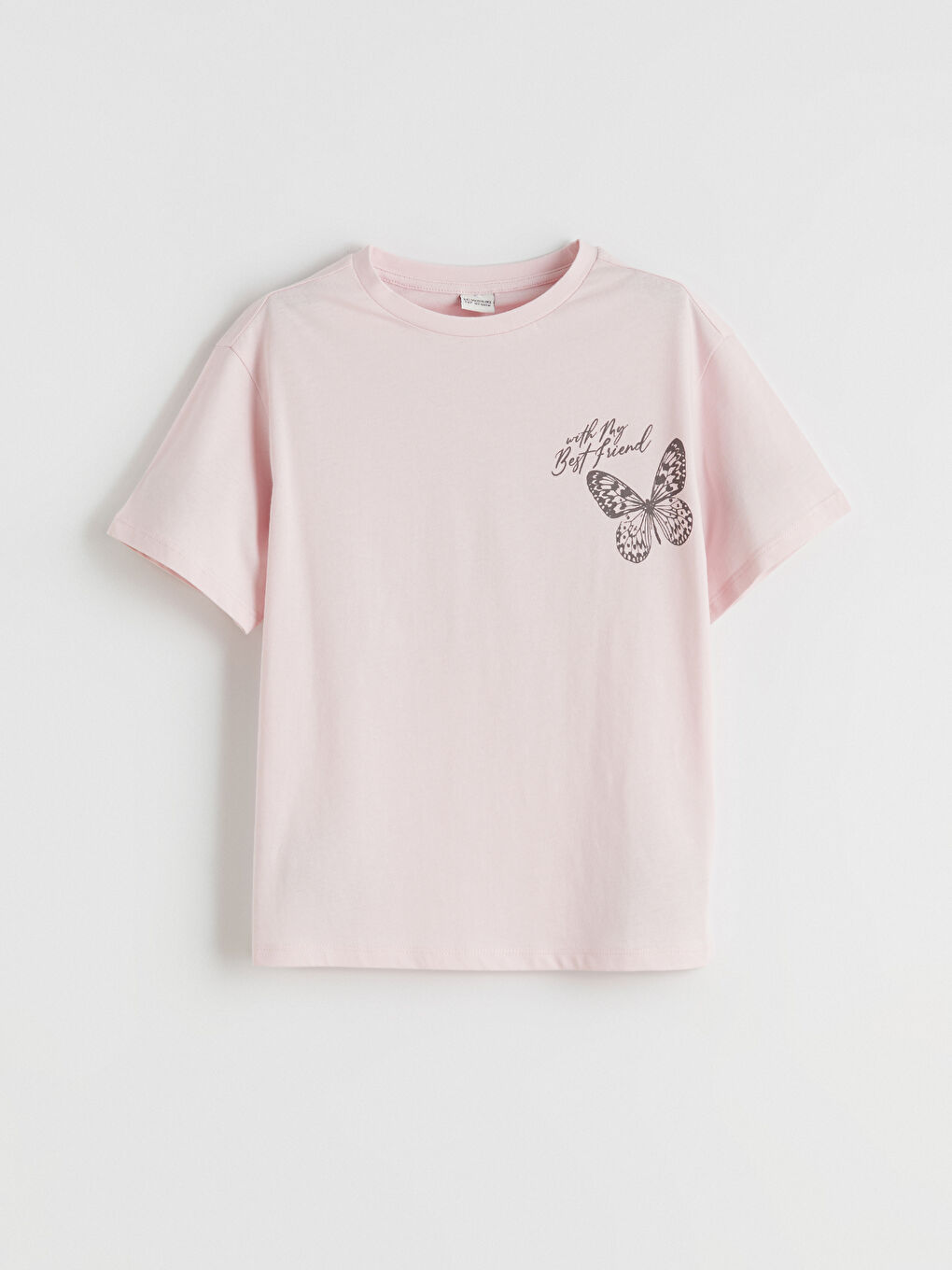 Pembe Kelebek Baskılı Kız Çocuk Tişört-1