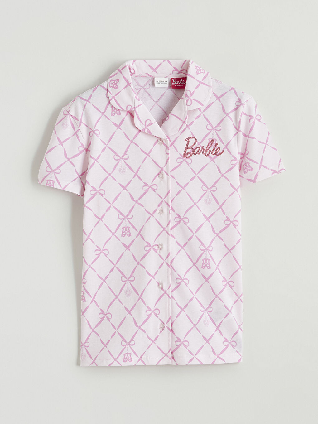Pembe Gömlek Yaka Barbie Baskılı Kız Çocuk Şortlu Pijama Takımı-1