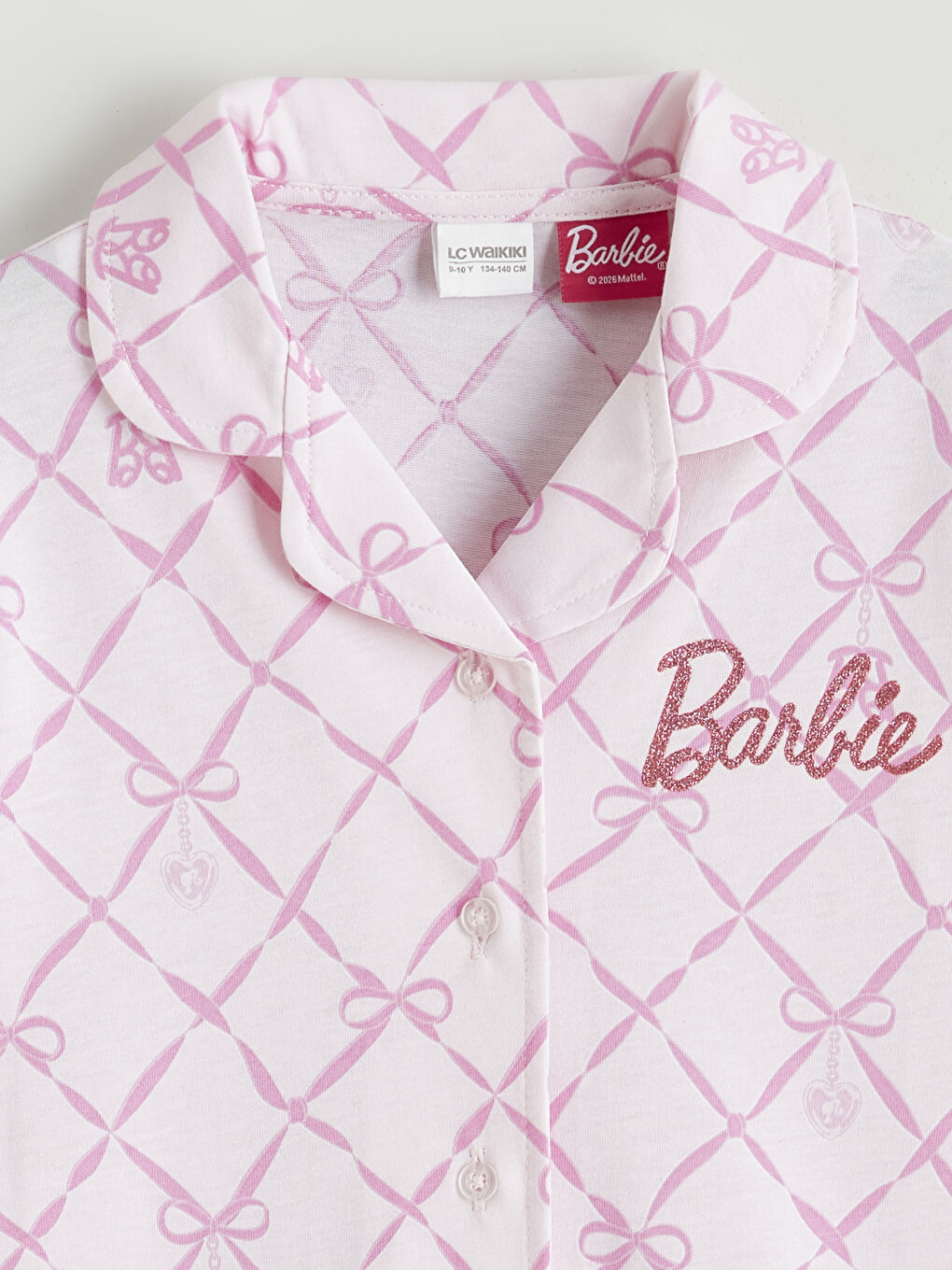 Pembe Gömlek Yaka Barbie Baskılı Kız Çocuk Şortlu Pijama Takımı-2