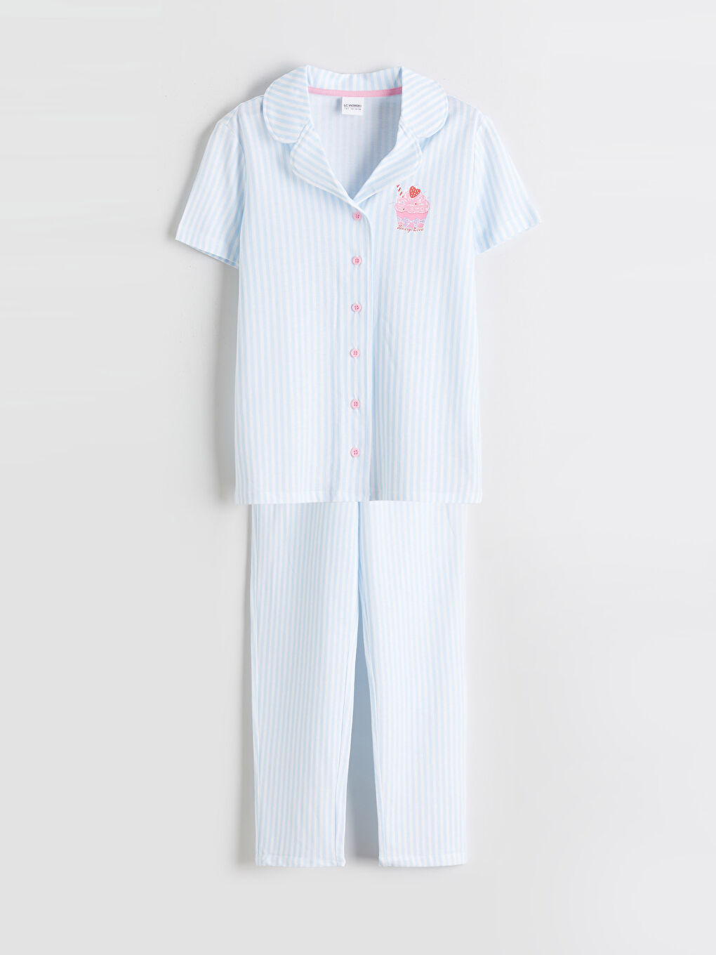 Beyaz Gömlek Yaka Çizgili Kız Çocuk Pijama Takım