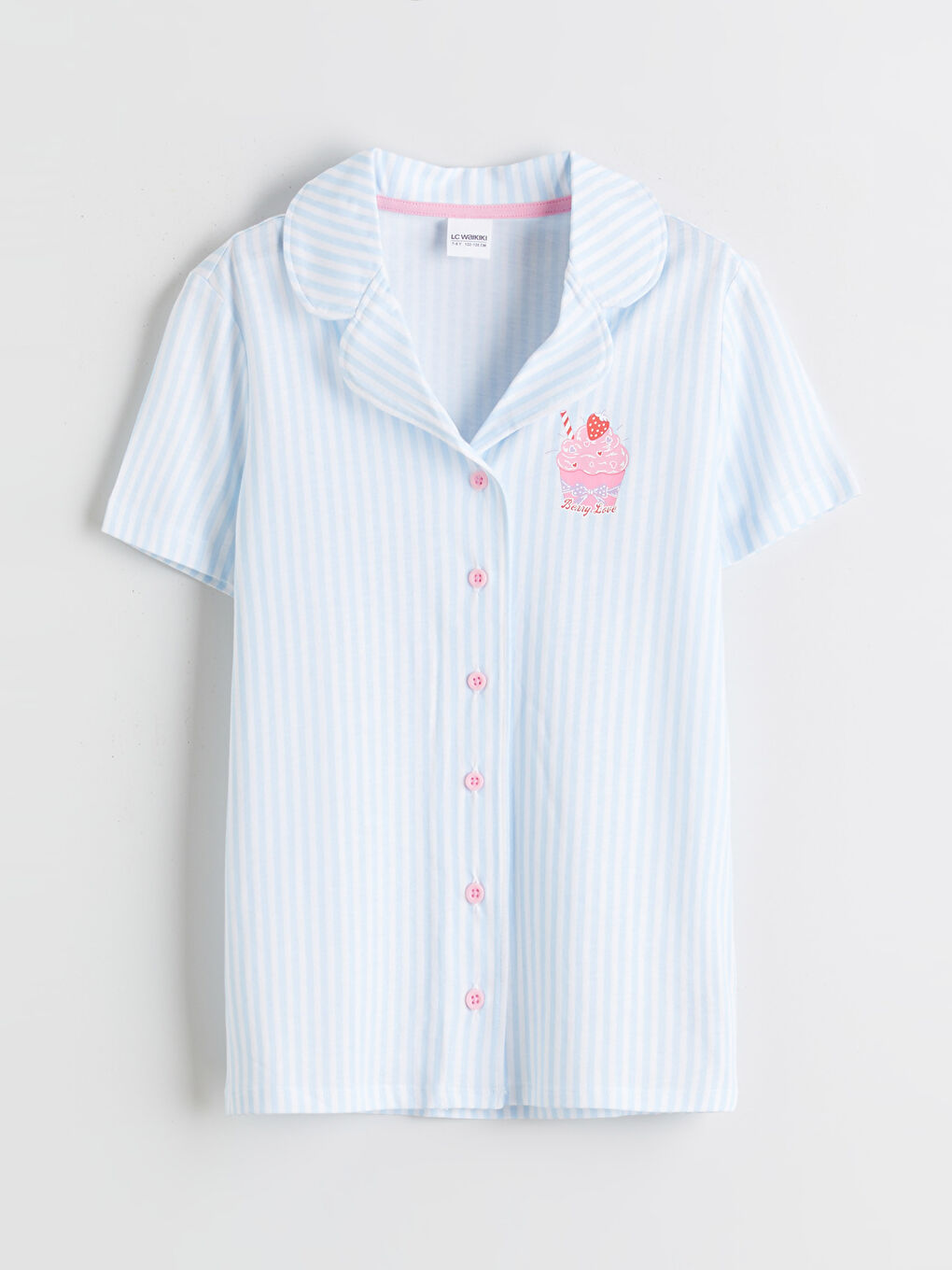 Beyaz Gömlek Yaka Çizgili Kız Çocuk Pijama Takım-1