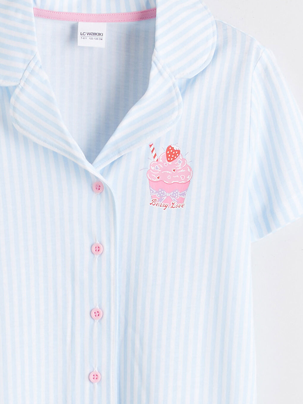 Beyaz Gömlek Yaka Çizgili Kız Çocuk Pijama Takım-5