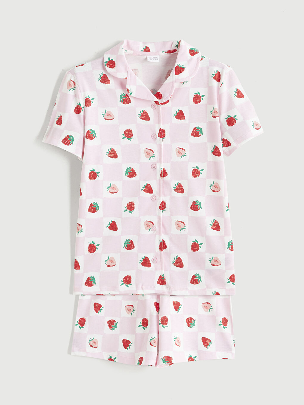 Pembe Gömlek Yaka Çilek Desenli Kız Çocuk Şortlu Pijama Takımı