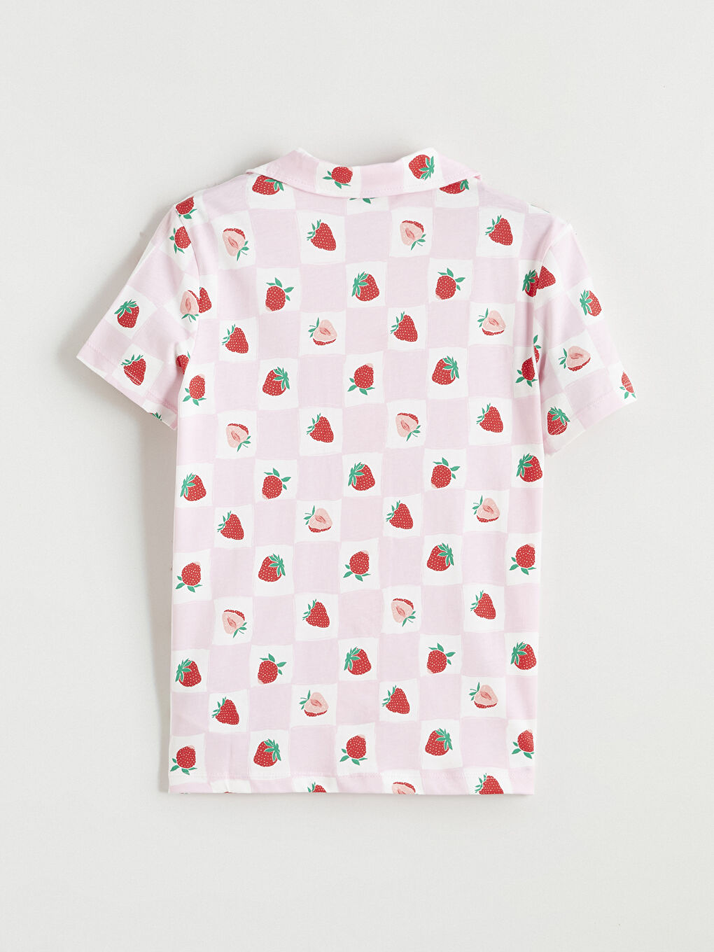 Pembe Gömlek Yaka Çilek Desenli Kız Çocuk Şortlu Pijama Takımı-3