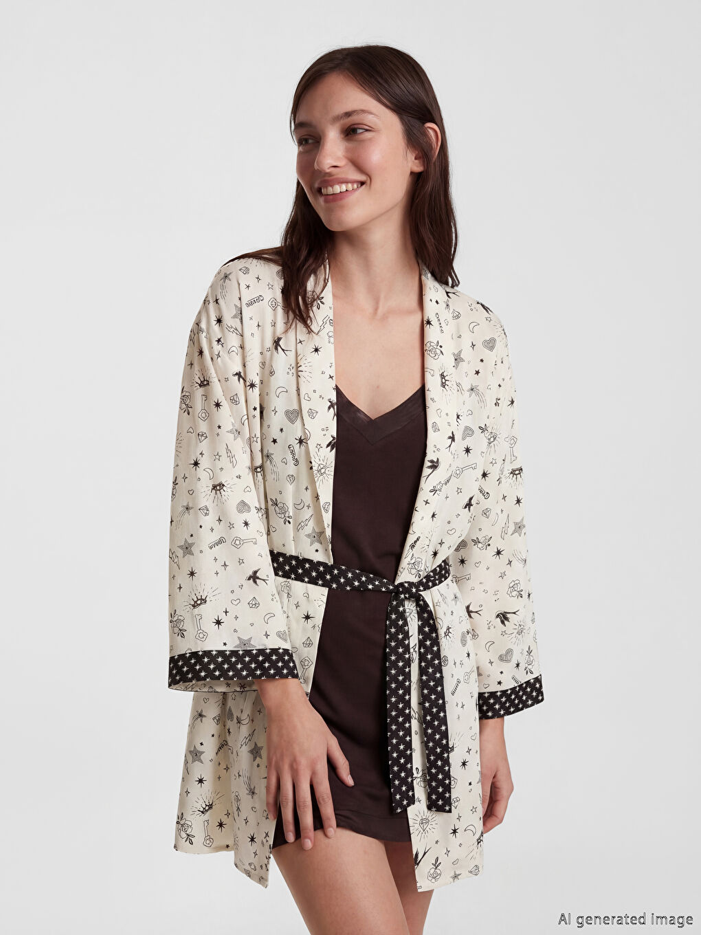 Ekru Şal Yaka Desenli Kadın Sabahlık-1