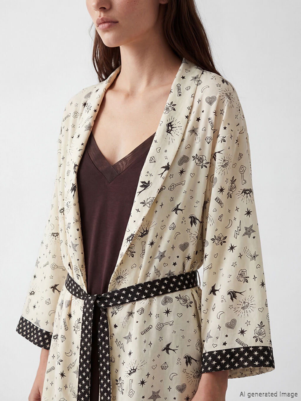 Ekru Şal Yaka Desenli Kadın Sabahlık-2