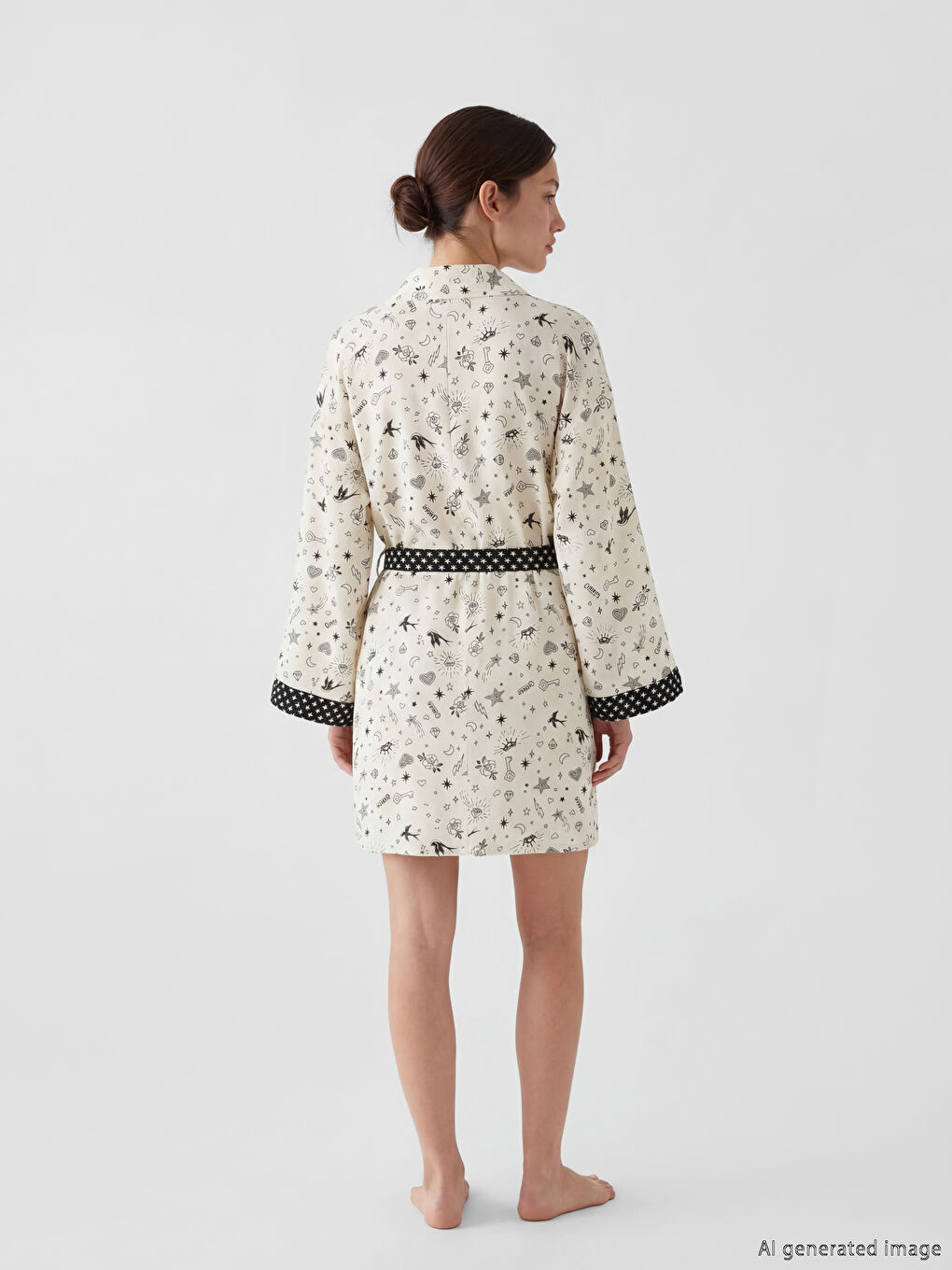 Ekru Şal Yaka Desenli Kadın Sabahlık-3