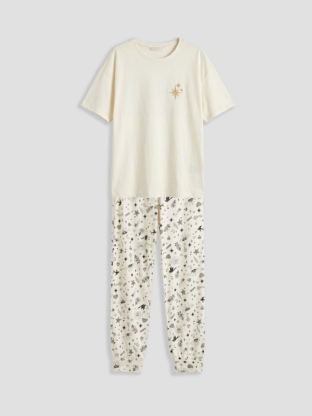 Ekru Bisiklet Yaka Baskılı Kadın Pijama Takımı