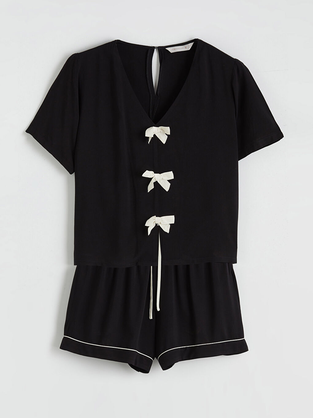 Siyah V Yaka Fiyonk Detaylı Kadın Şortlu Pijama Takımı-4
