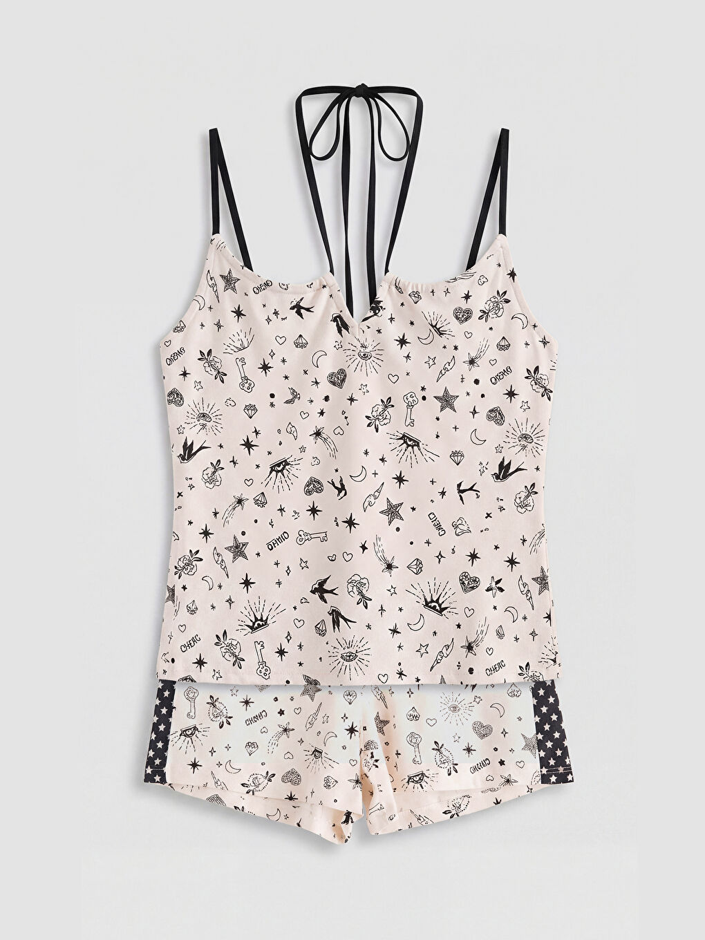 Ekru Desenli Askılı Kadın Şortlu Pijama Takımı