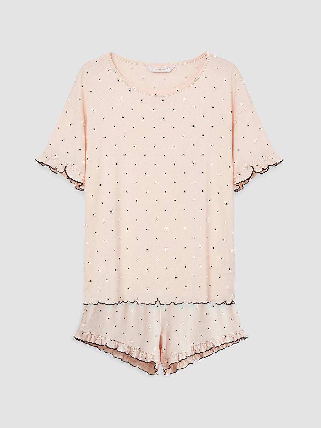 Bej Bisiklet Yaka Puantiyeli Kadın Şortlu Pijama Takımı