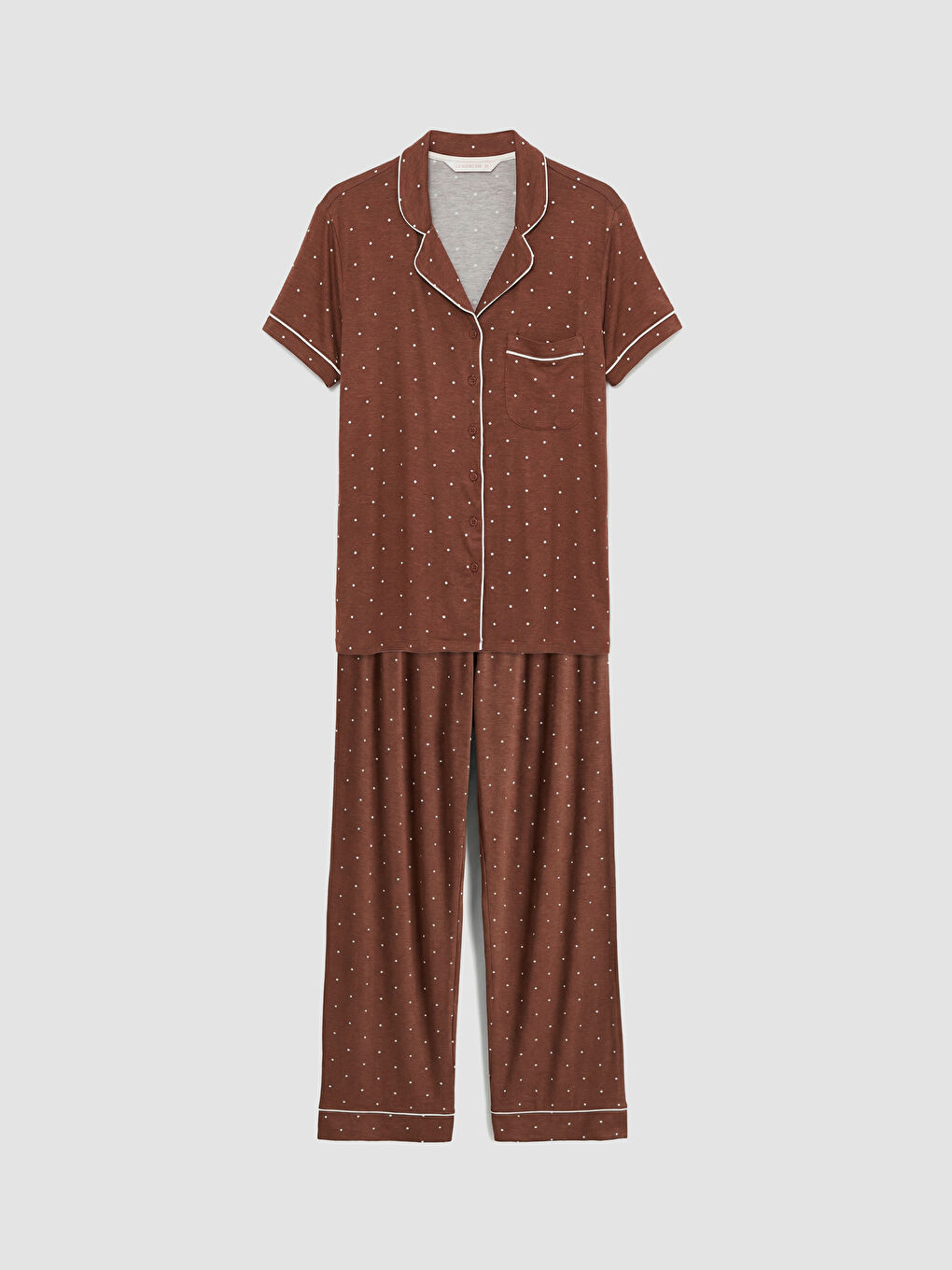 Kahverengi Gömlek Yaka Puantiyeli Kadın Pijama Takımı-4