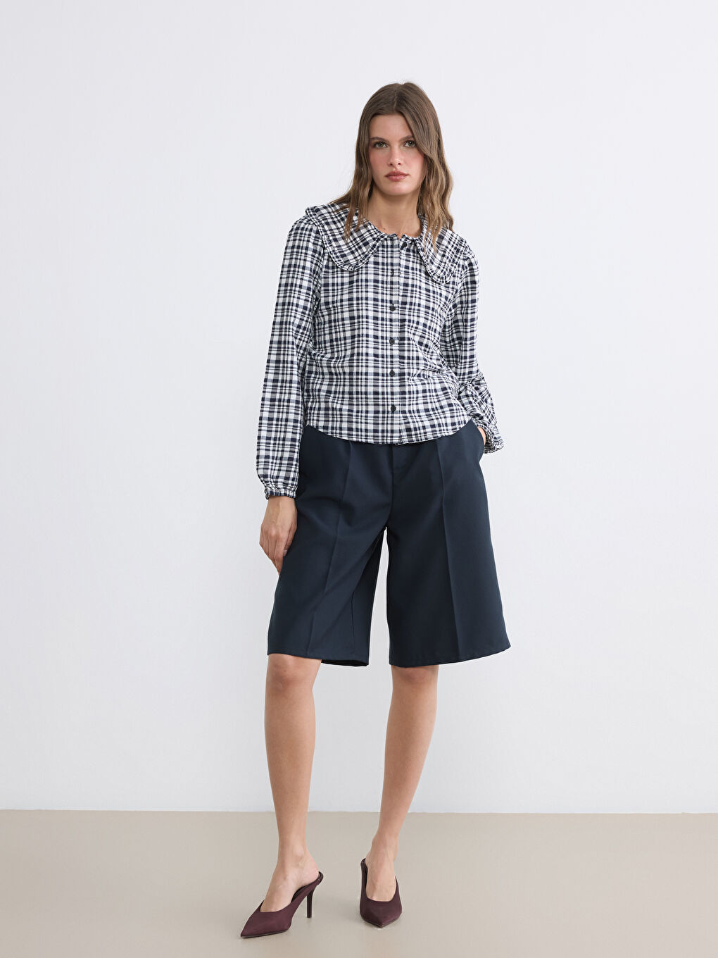 Peter Pan Collar Plaid Women's Shirt-1