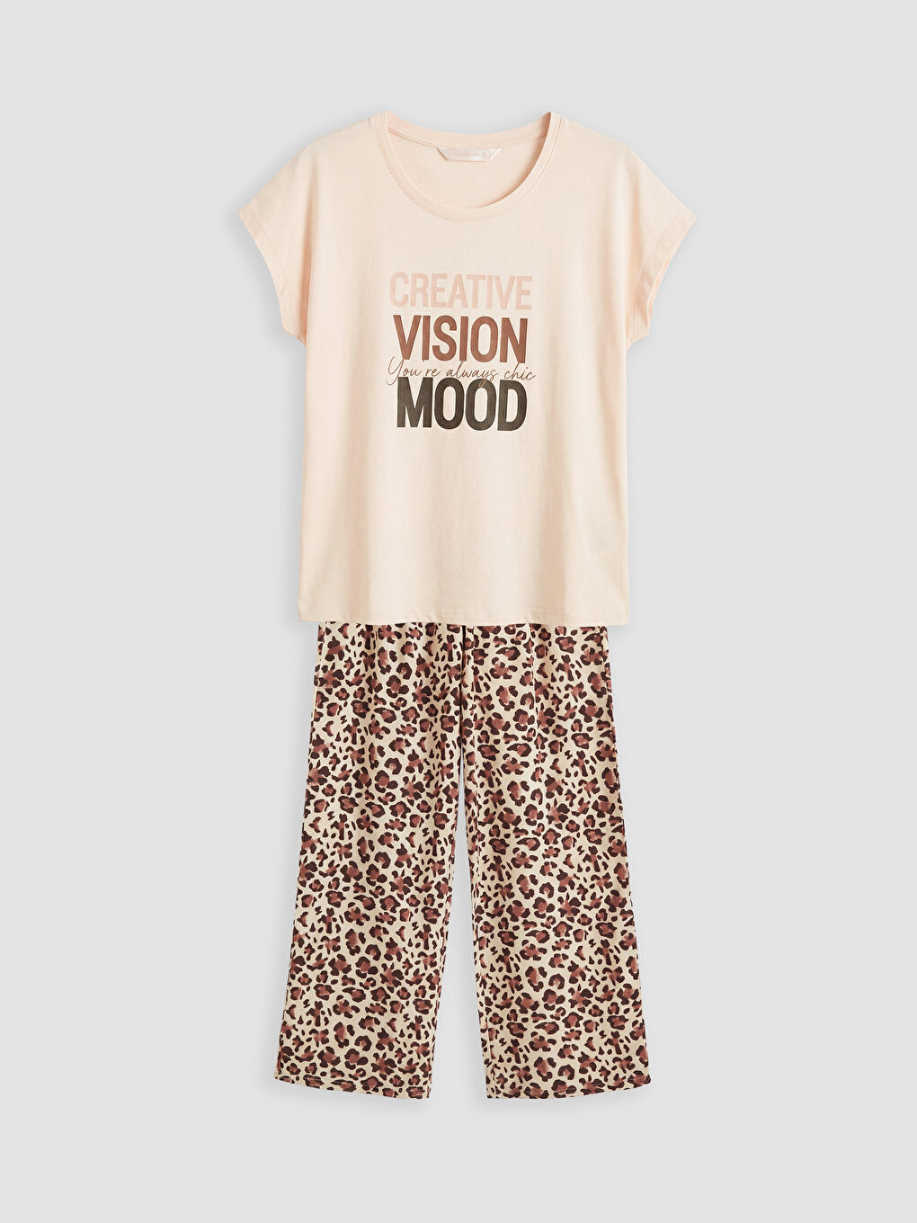 Ekru Bisiklet Yaka Baskılı Kadın Pijama Takım