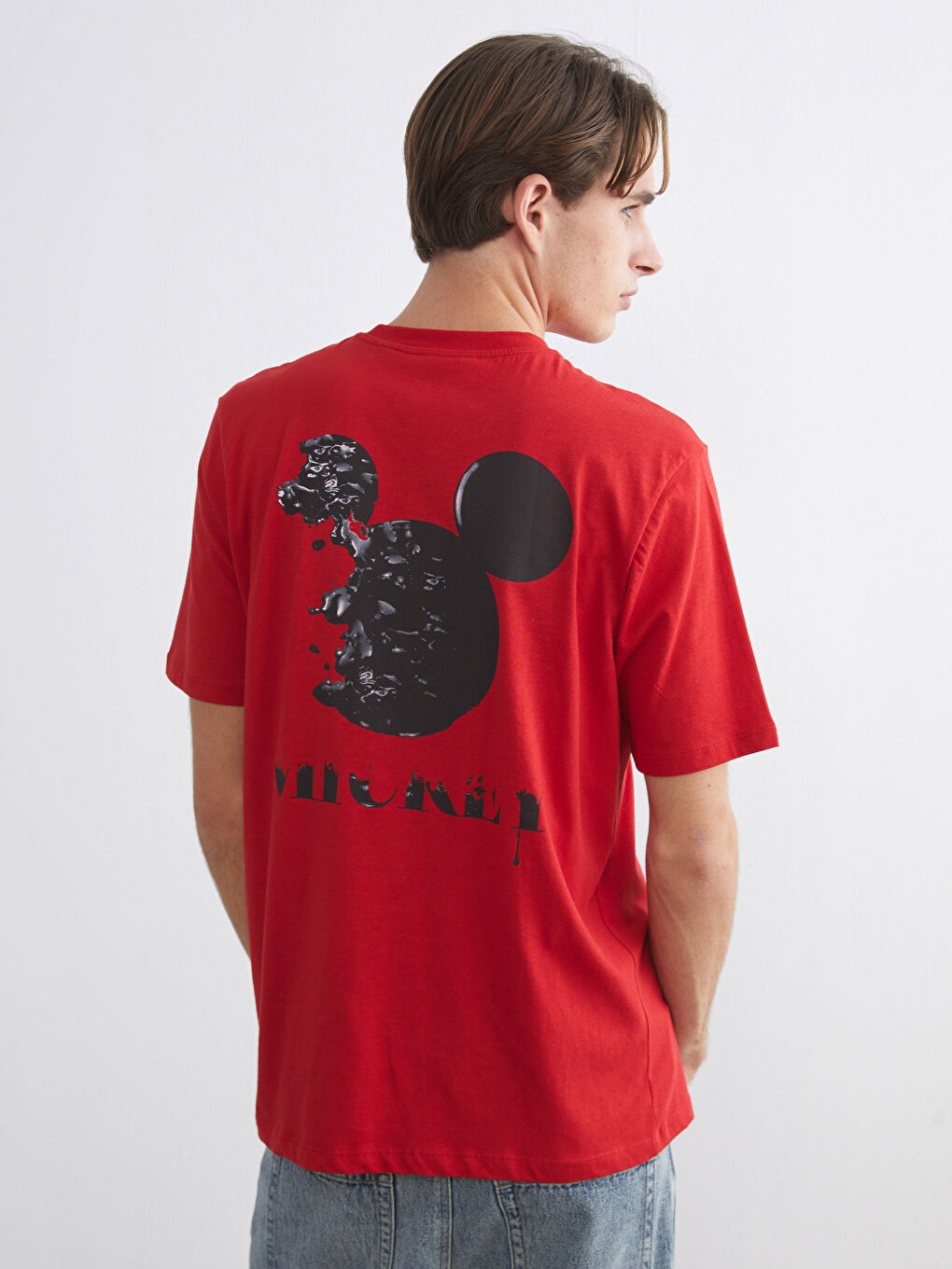 Kırmızı Mickey Mouse Baskılı Kısa Kollu Erkek Tişört-1