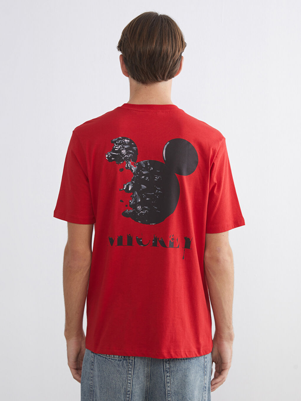 Kırmızı Mickey Mouse Baskılı Kısa Kollu Erkek Tişört-3
