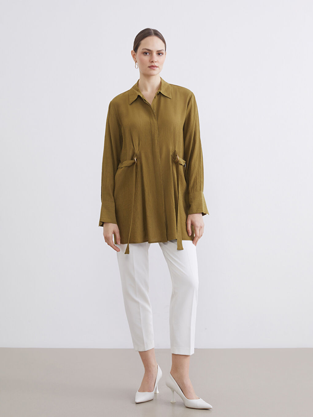 Textured Women's Shirt Tunic with Tie Detail-1