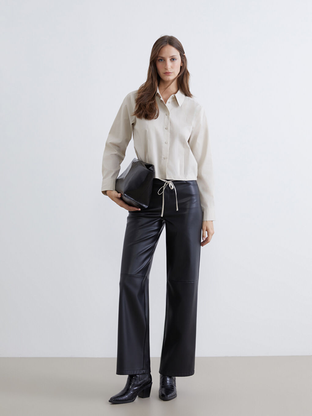 Women's Poplin Shirt with Tie Detail-1