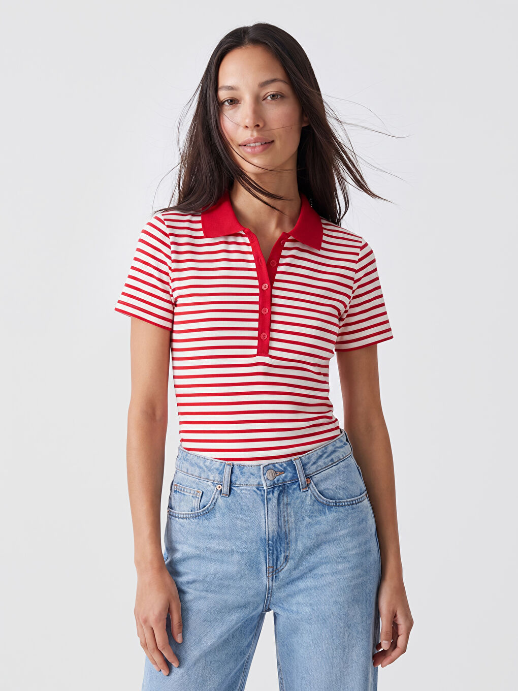 Tricou Polo cu Mâneci Scurte Vărgat pentru Femei