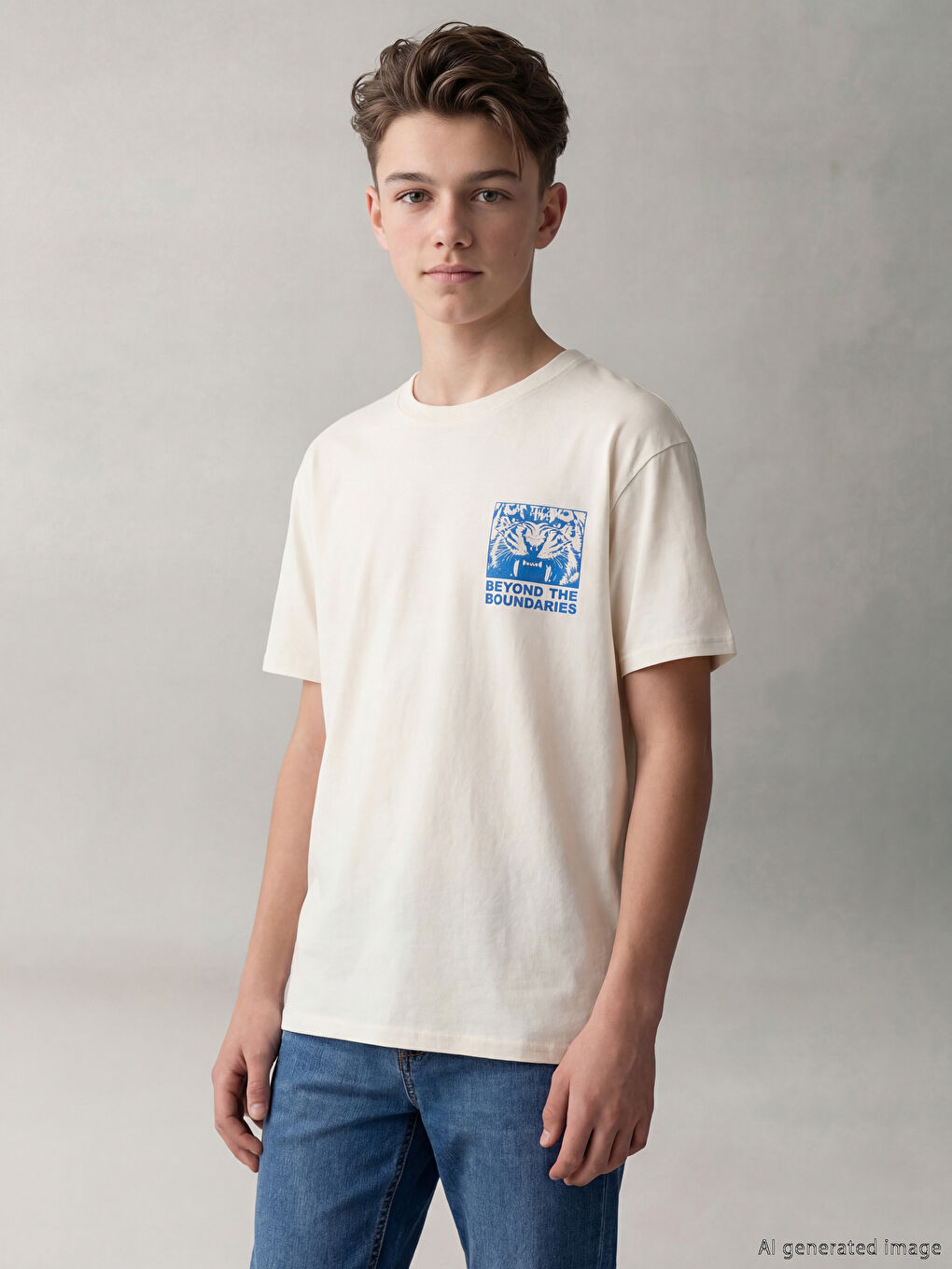 Bej Baskılı Erkek Çocuk Tişört