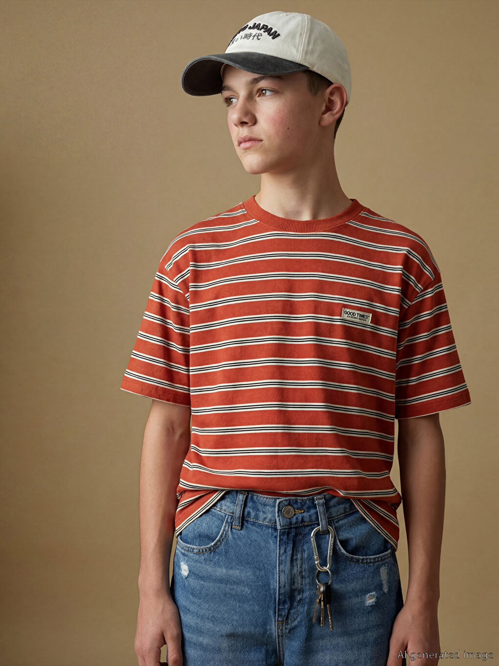 Turuncu Bisiklet Yaka Erkek Çocuk Çizgili Tişört