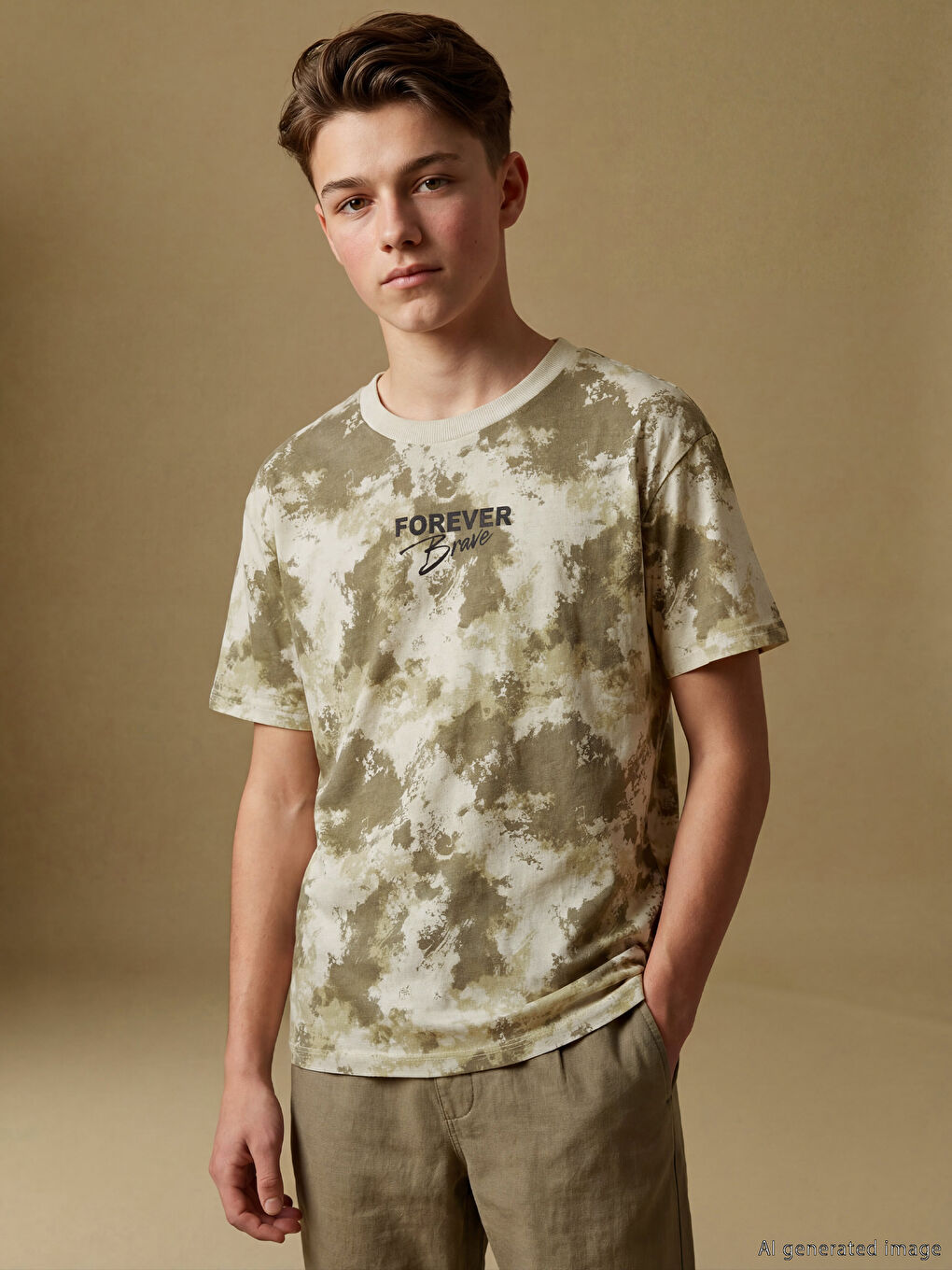 Haki Bisiklet Yaka Batik Desenli Erkek Çocuk Tişört-1