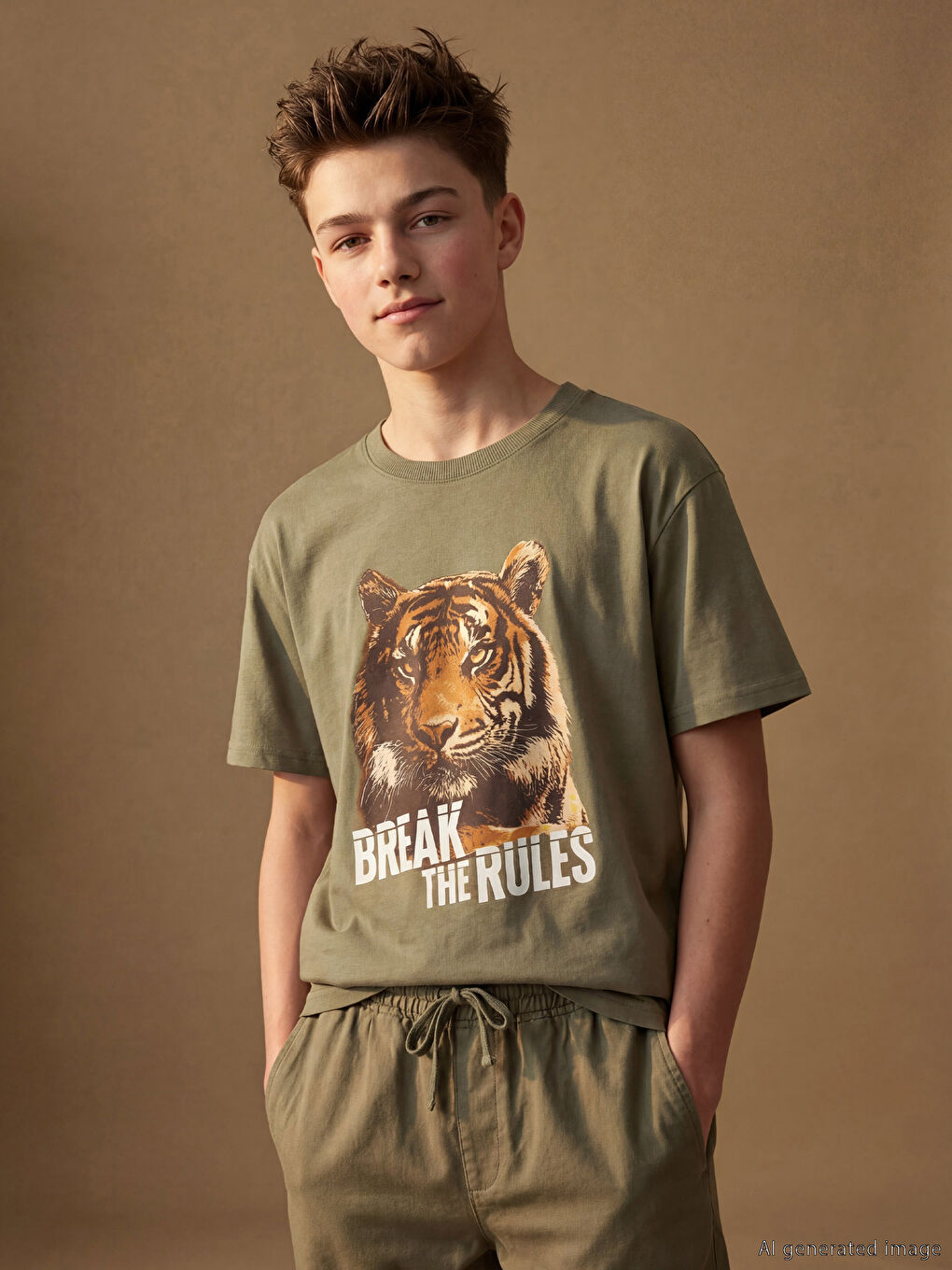 Haki Bisiklet Yaka Baskılı Erkek Çocuk Tişört-1