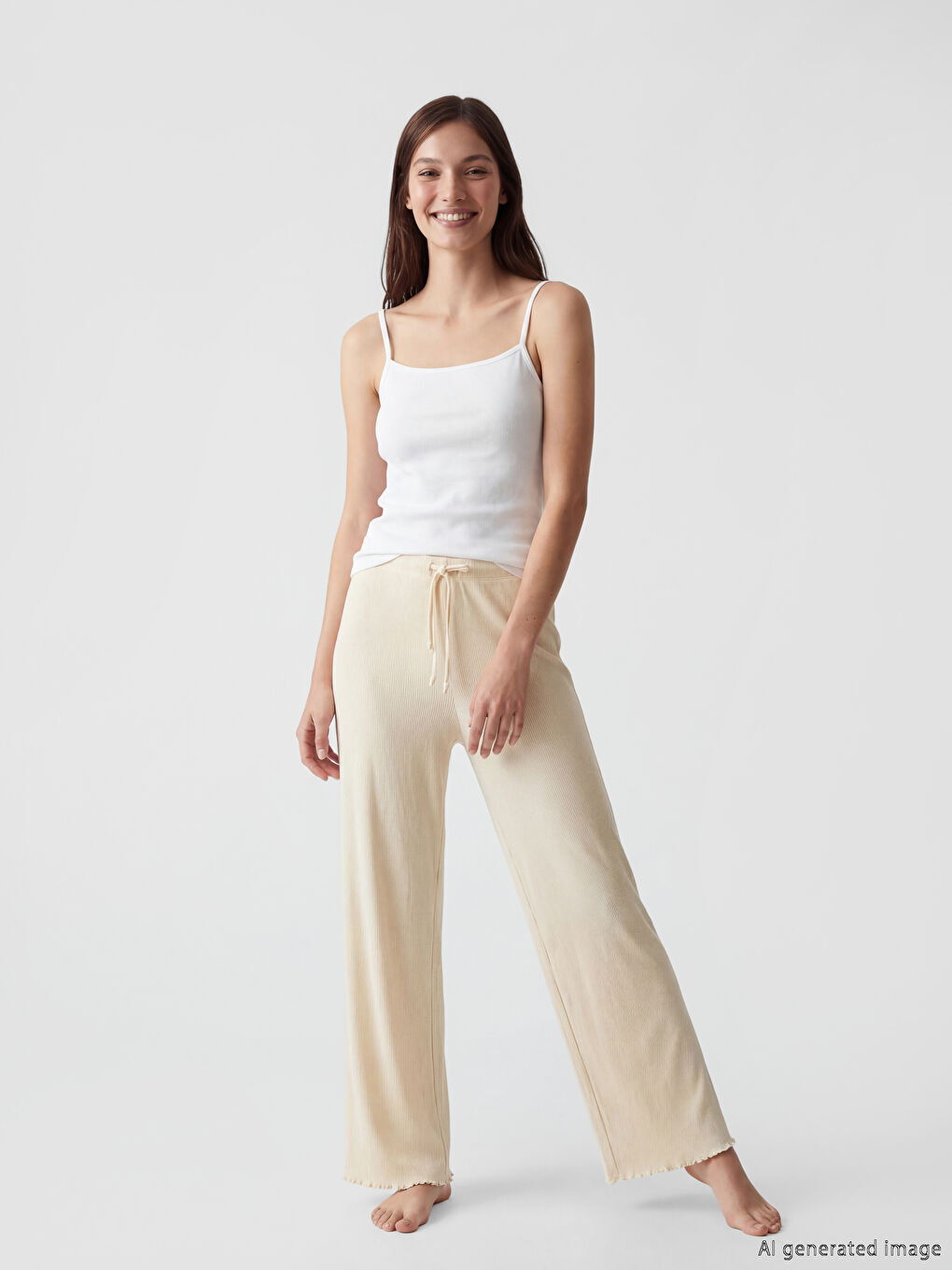 Ekru Beli Lastikli Kadın Pijama Altı