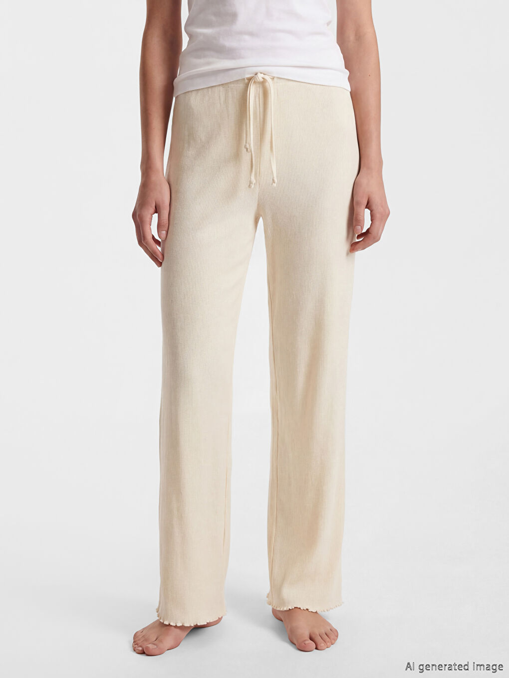 Ekru Beli Lastikli Kadın Pijama Altı-1