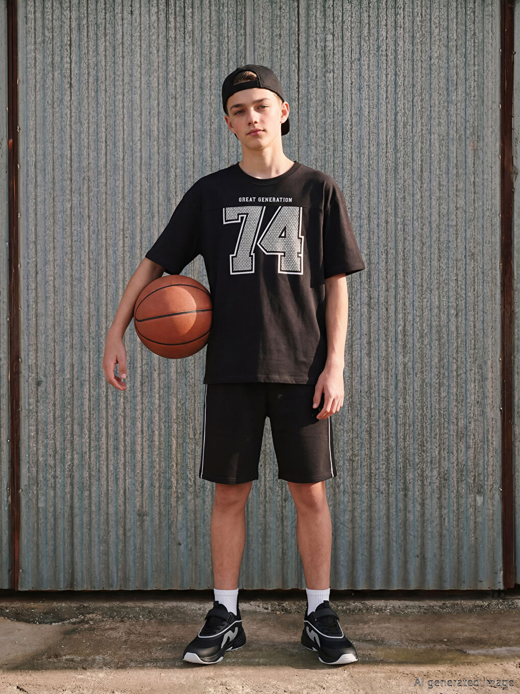 طقم تي شيرت مطبوع برقبة دائرية وشورت للأولاد-1