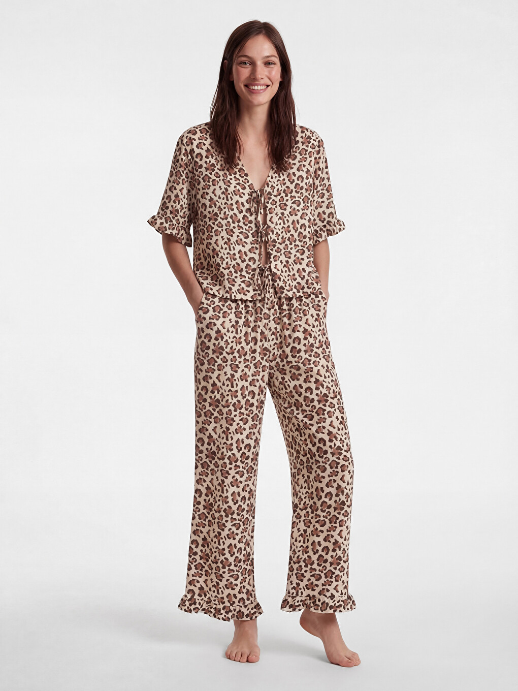 Ekru Leopar Desenli Kadın Pijama Altı