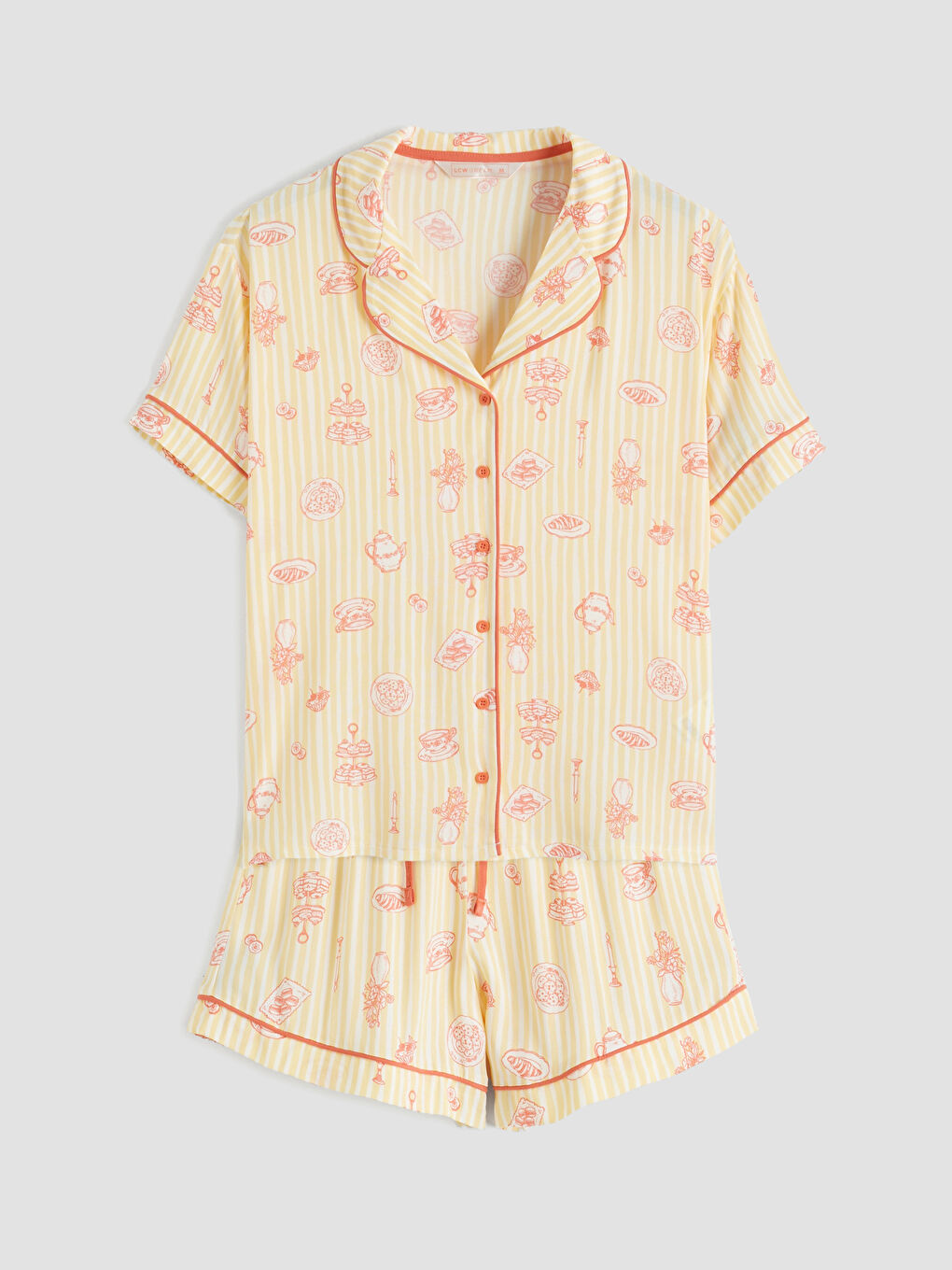 Ekru Gömlek Yaka Desenli Kadın Şortlu Pijama Takımı-0