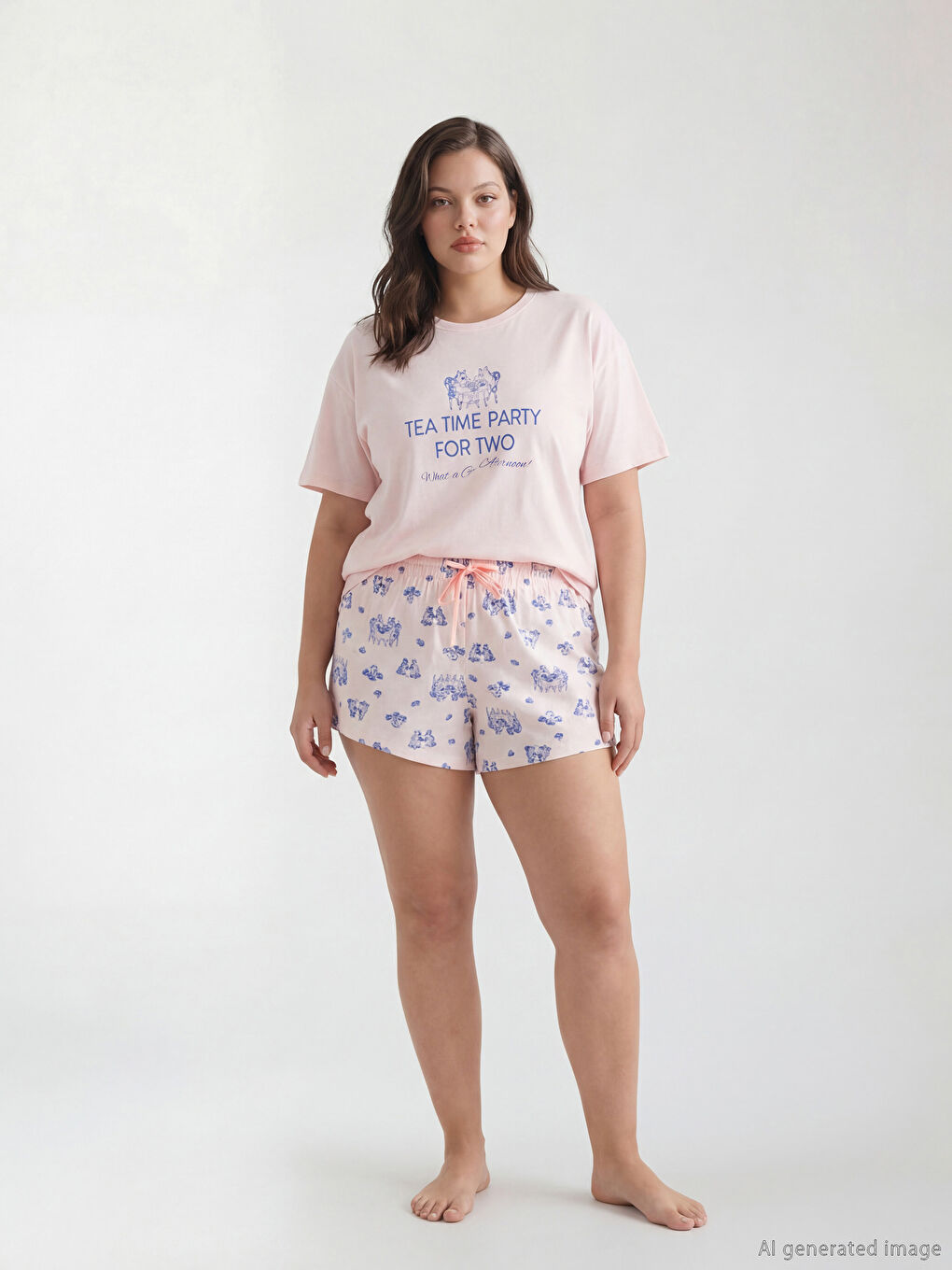 Set de pijamale pentru femei cu imprimeu și pantaloni scurți, guler rotund-1