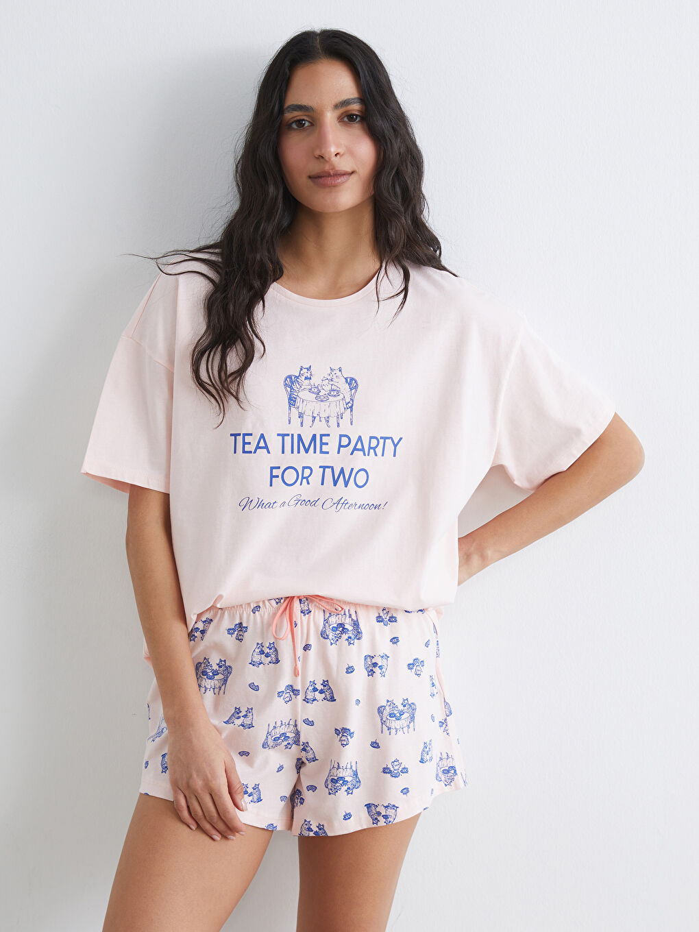 Pembe Bisiklet Yaka Baskılı Kadın Şortlu Pijama Takımı-1