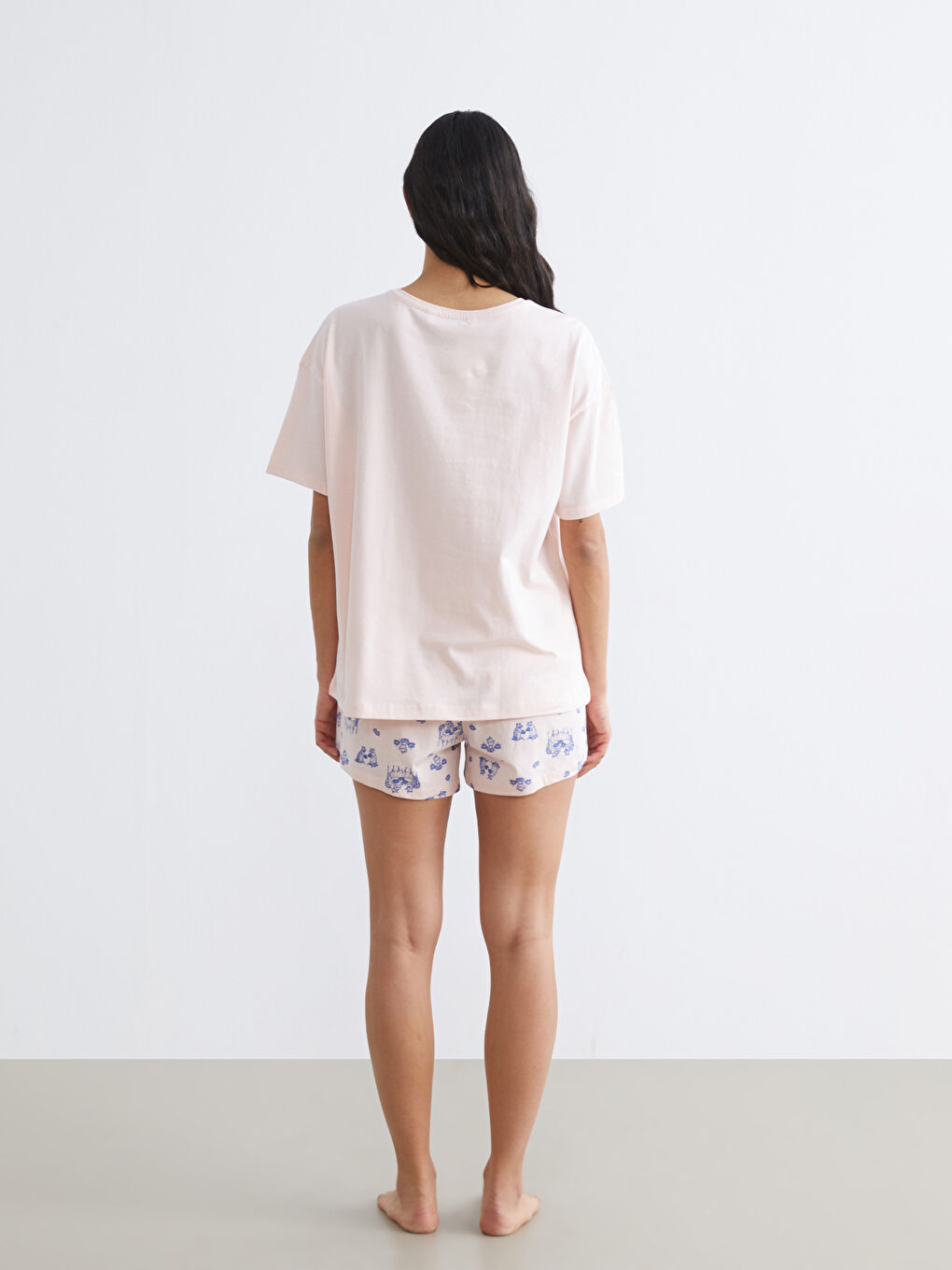 Pembe Bisiklet Yaka Baskılı Kadın Şortlu Pijama Takımı-3