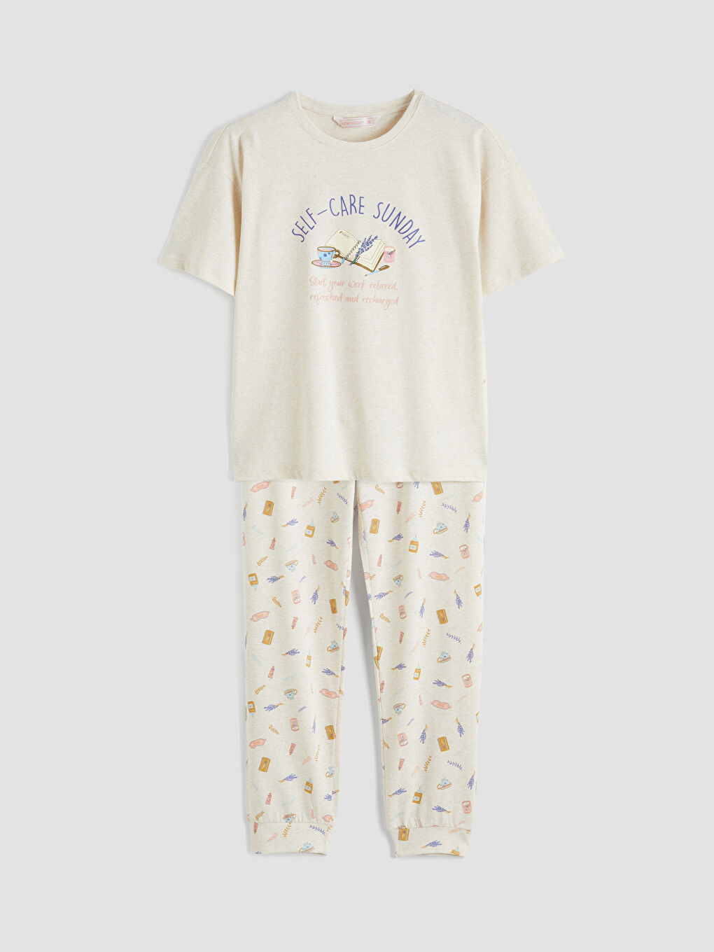 Bej Bisiklet Yaka Baskılı Kadın Pijama Takımı