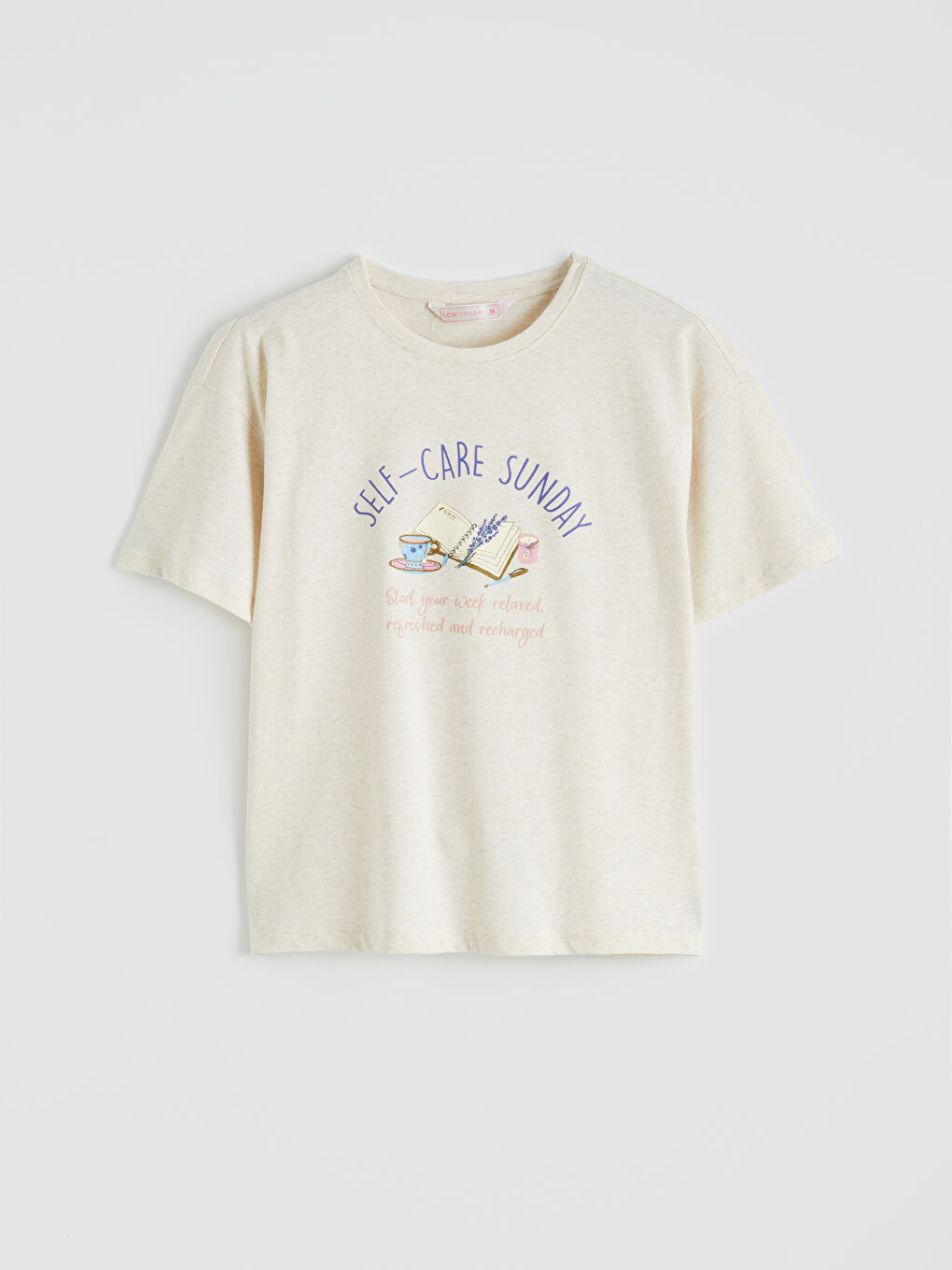 Bej Bisiklet Yaka Baskılı Kadın Pijama Takımı-1