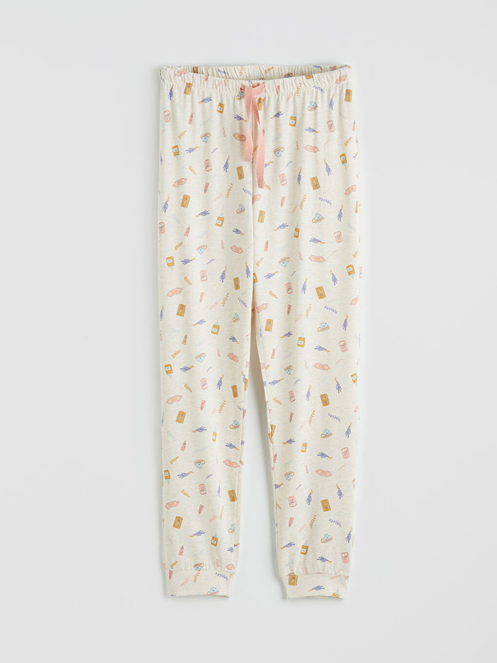 Bej Bisiklet Yaka Baskılı Kadın Pijama Takımı-2